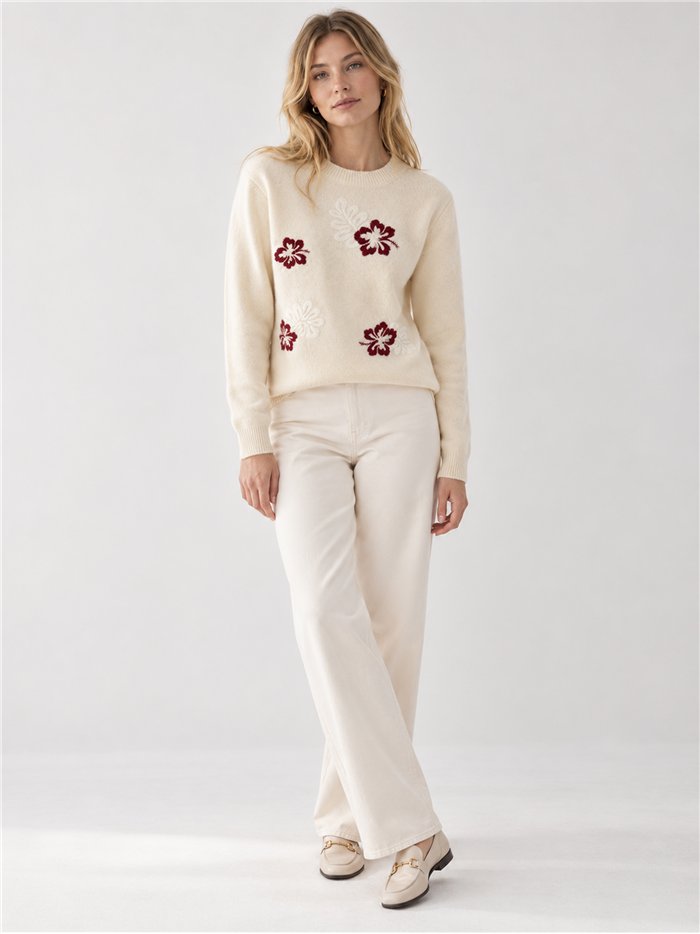 Wollpullover mit gestickten Blumen