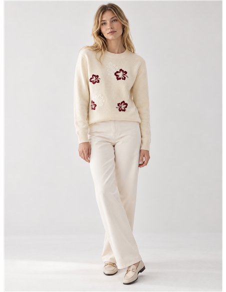 Wollpullover mit gestickten Blumen