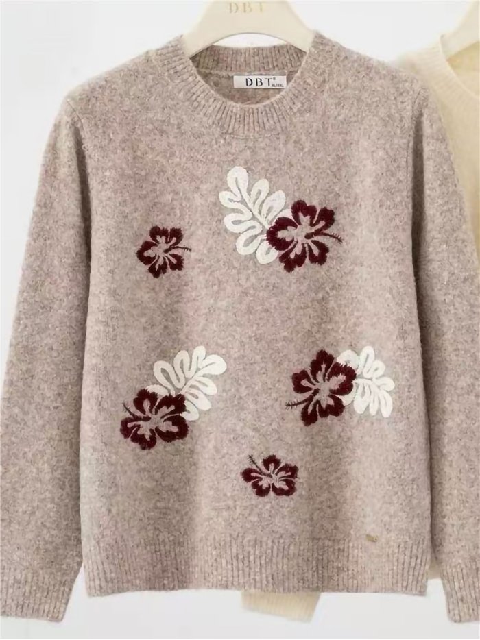 Wollpullover mit gestickten Blumen