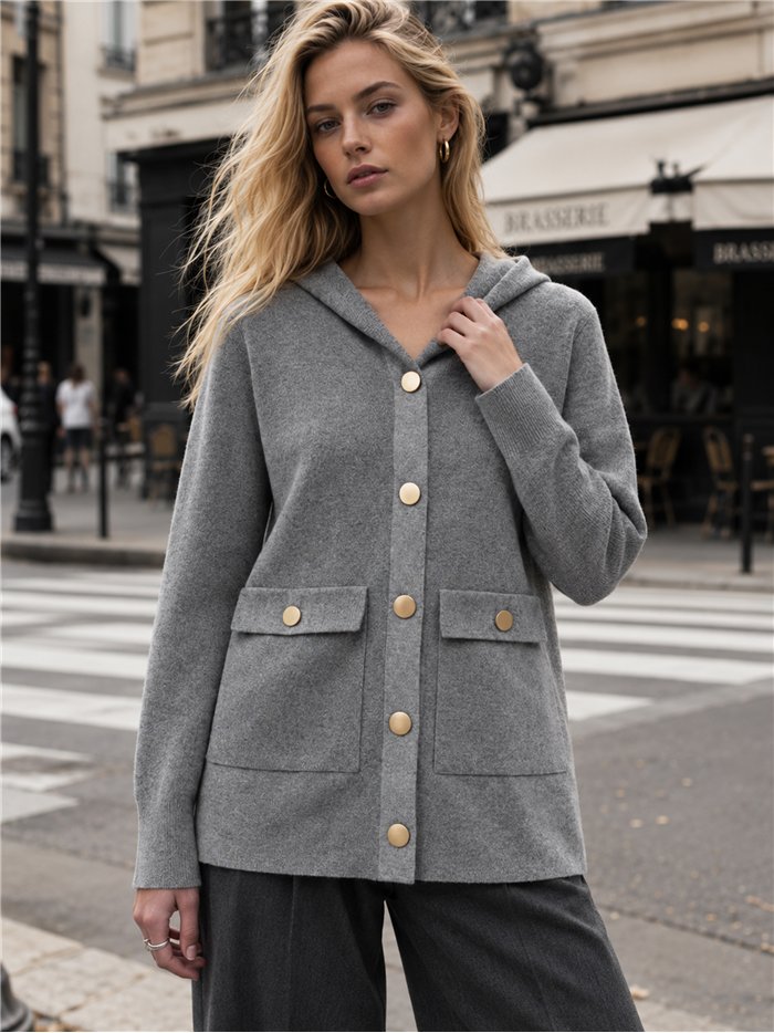 Hooded knit jacket with patch pockets
