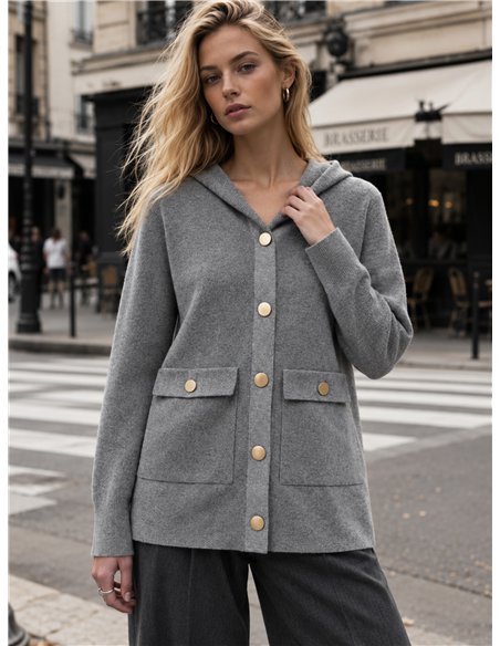 Hooded knit jacket with patch pockets