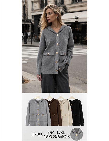 Hooded knit jacket with patch pockets