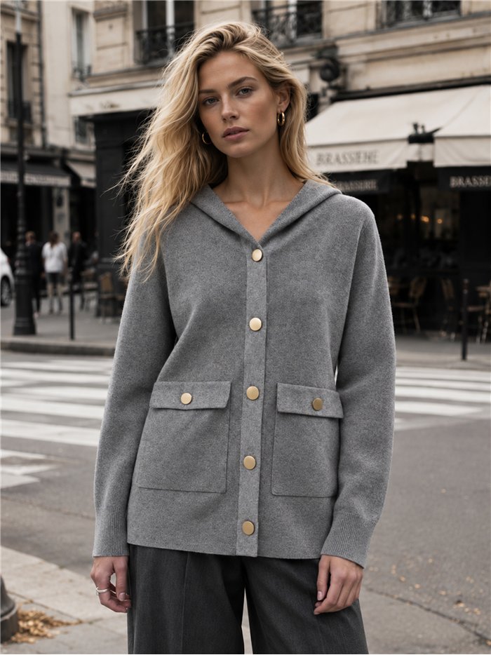 Hooded knit jacket with patch pockets