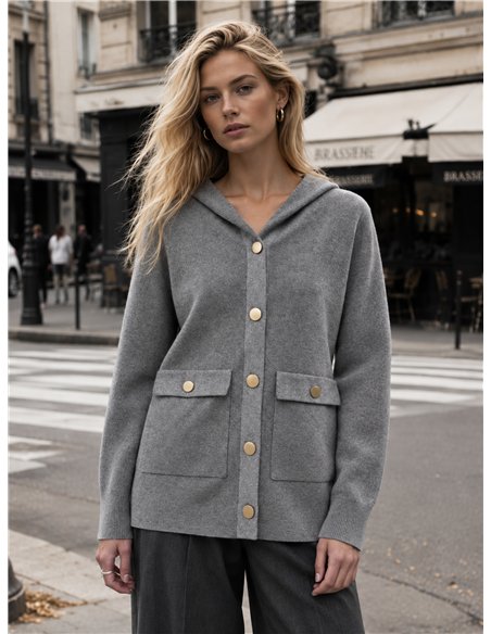 Hooded knit jacket with patch pockets