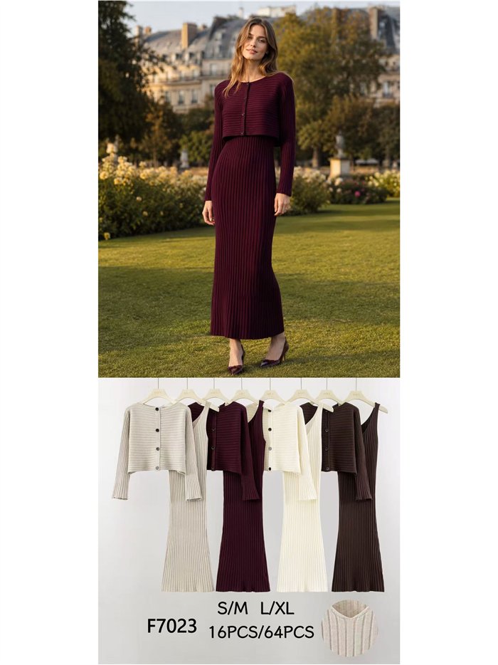 Conjunto vestido canalé y cárdigan corto