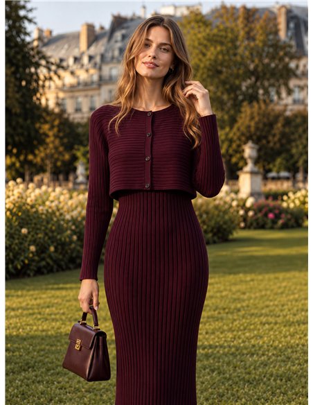 Conjunto vestido canalé y cárdigan corto