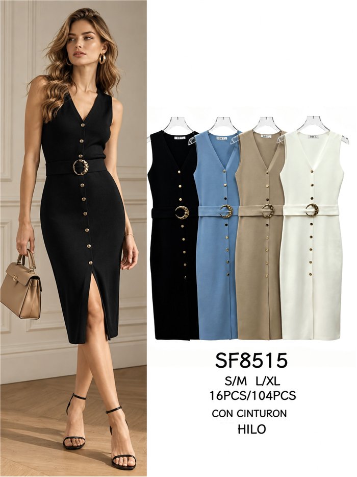 Vestido midi abotonado cinturón