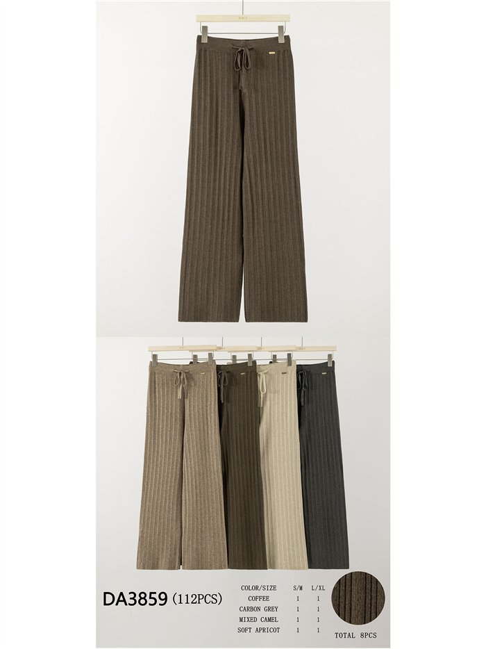 Calças caneladas de perna larga com cordão.