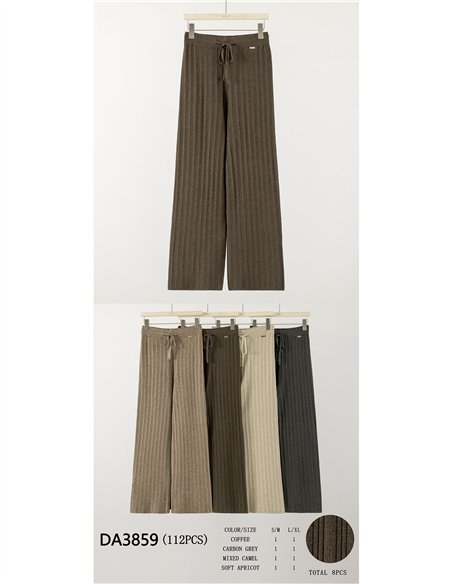 Calças caneladas de perna larga com cordão.