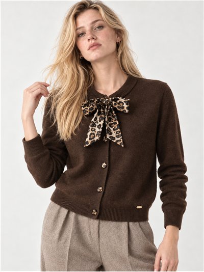 Wool blend cardigan with animal print bow