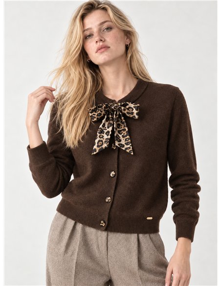Wool blend cardigan with animal print bow