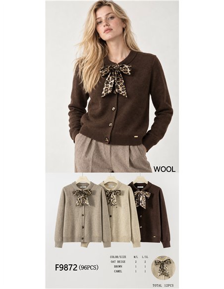 Wool blend cardigan with animal print bow