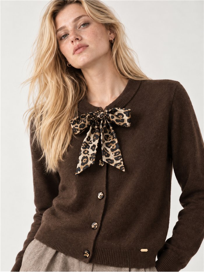 Wool blend cardigan with animal print bow