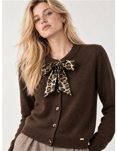 Wool blend cardigan with animal print bow