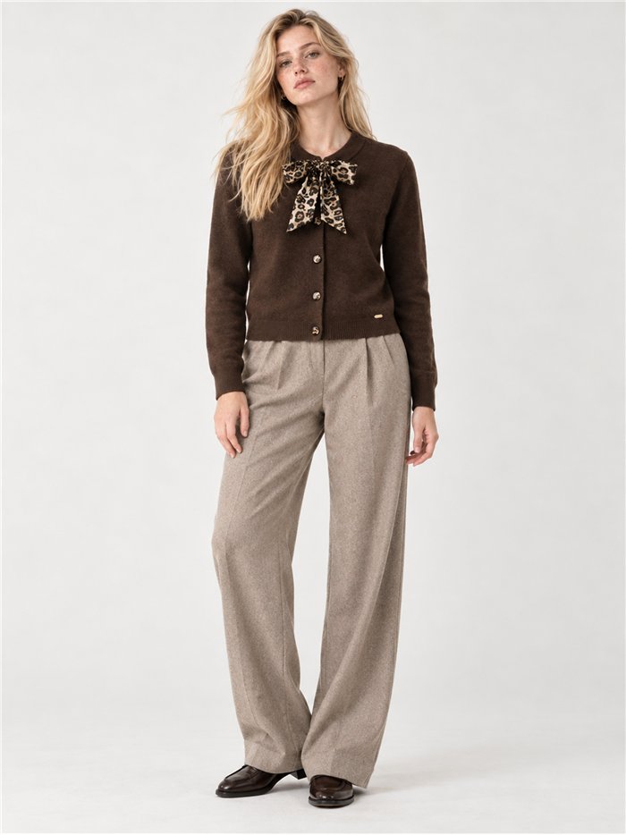 Wool blend cardigan with animal print bow