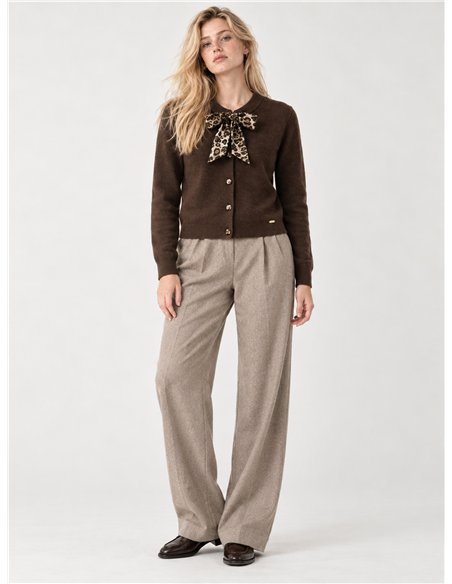 Wool blend cardigan with animal print bow