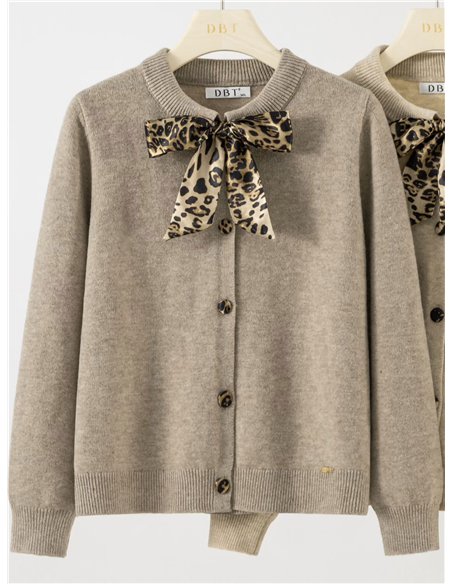 Wool blend cardigan with animal print bow