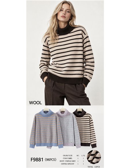 Wool blend striped roll neck sweater