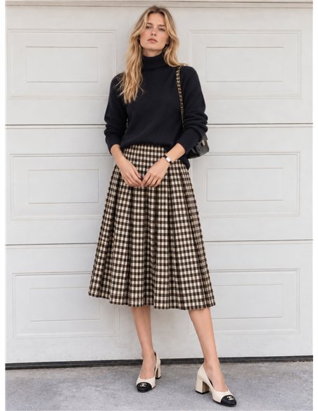 Falda midi de punto plisada de cuadros