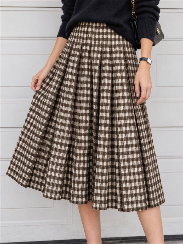 Falda midi de punto plisada de cuadros