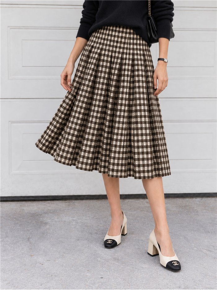 Falda midi de punto plisada de cuadros