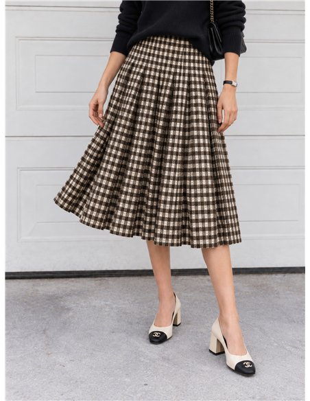 Falda midi de punto plisada de cuadros