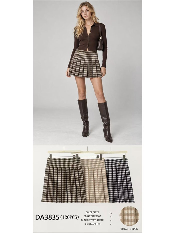 Pleated check knit mini skirt