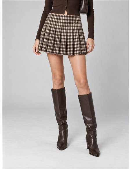 Pleated check knit mini skirt
