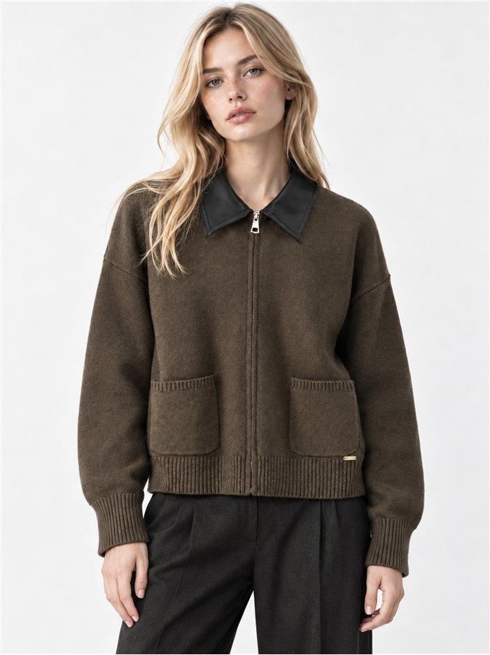Faux leather collar knit jacket
