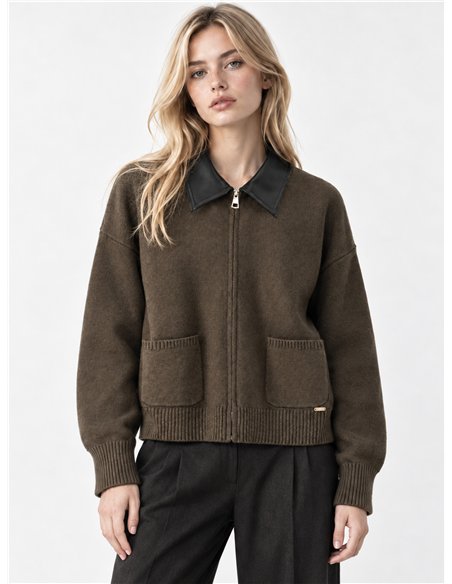Faux leather collar knit jacket