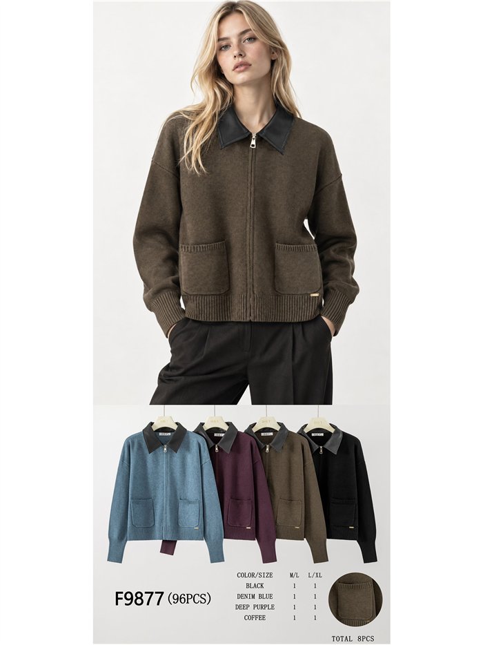 Faux leather collar knit jacket