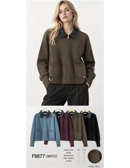 Faux leather collar knit jacket