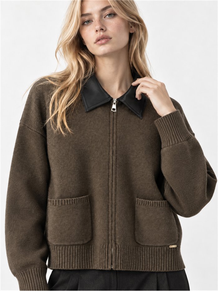 Faux leather collar knit jacket
