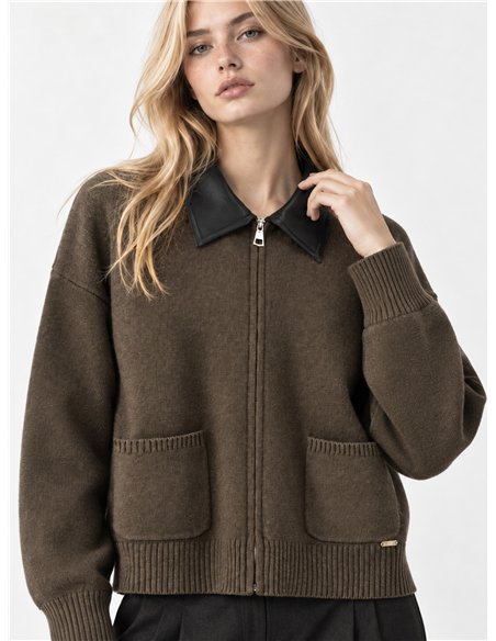 Faux leather collar knit jacket