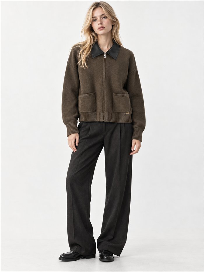 Faux leather collar knit jacket