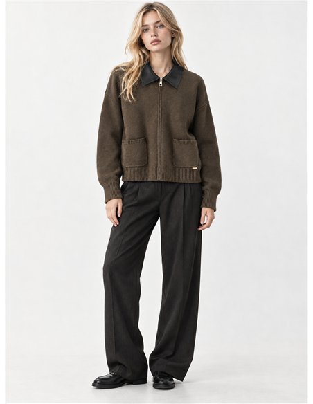 Faux leather collar knit jacket