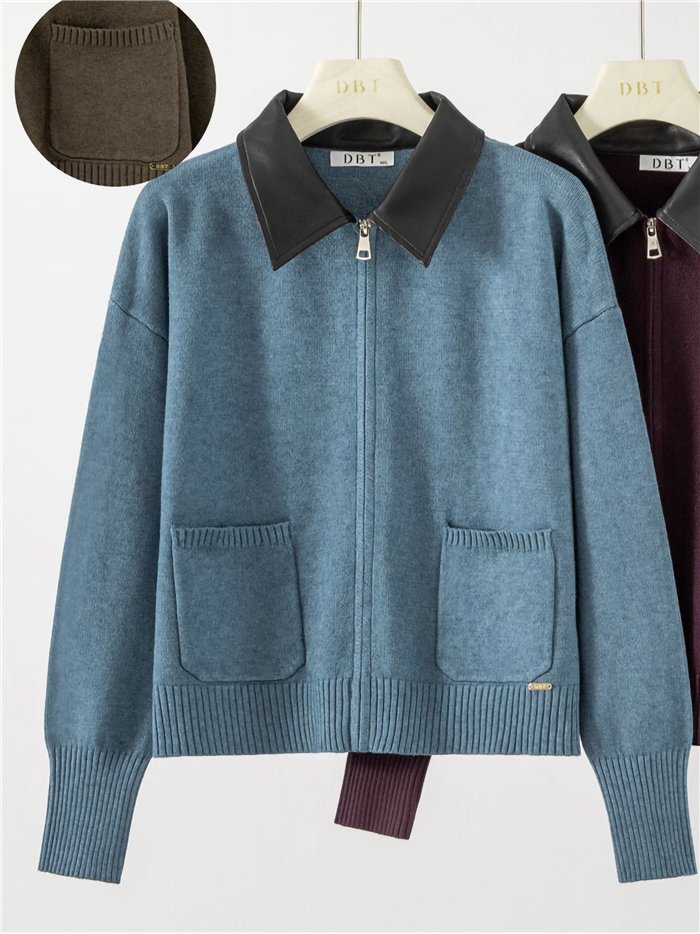 Faux leather collar knit jacket