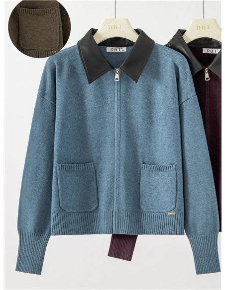 Faux leather collar knit jacket