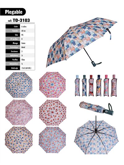 Parapluie pliant automatique à motif chat
