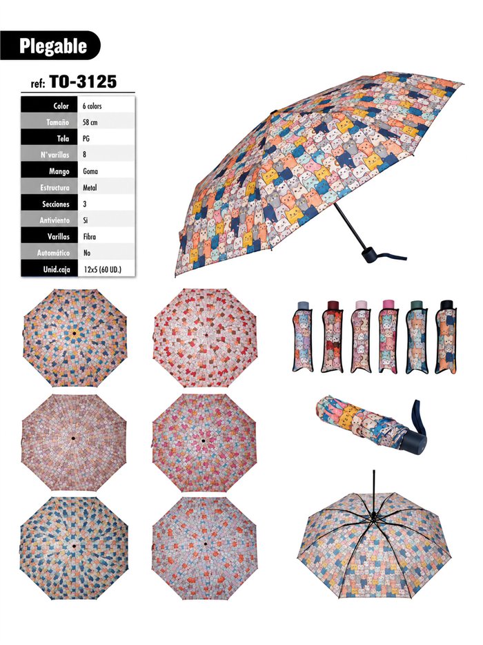 ombrello pieghevole con stampa di gatti multicolore