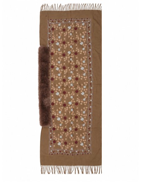 Xale floral com gola de pele