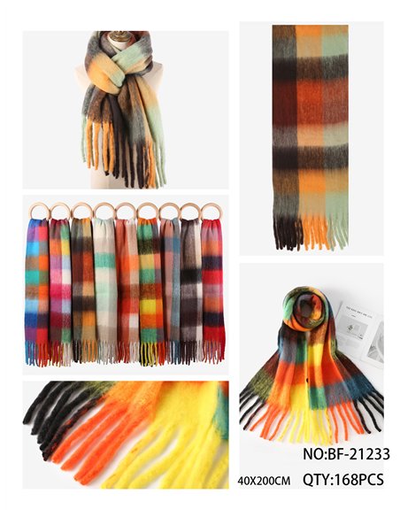 Écharpe à carreaux multicolores avec franges épaisses