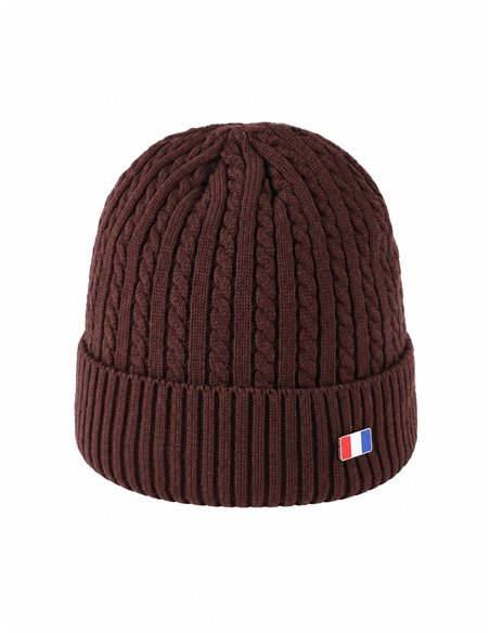 Gorro de malha trançada com placa tricolor