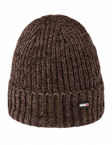 Gorro de punto chenilla con placa sport
