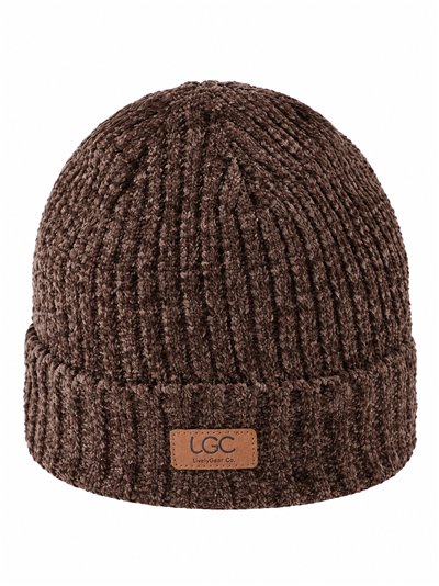 Cappello in maglia ciniglia con etichetta