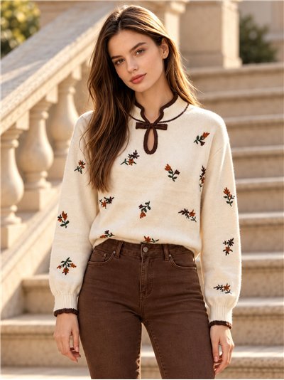 Pull brodé de fleurs avec nœud