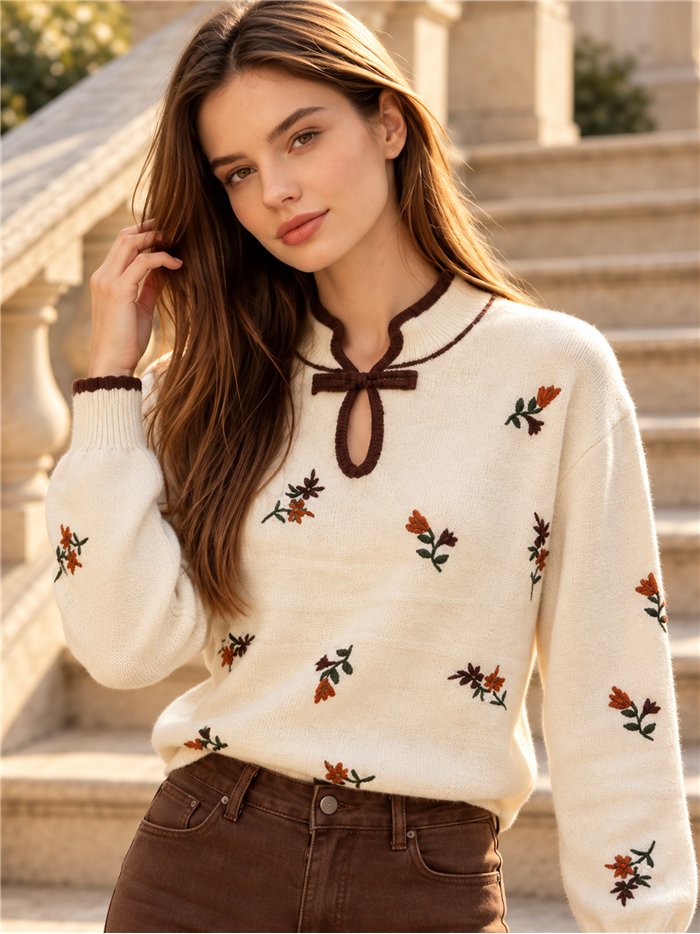 Pull brodé de fleurs avec nœud