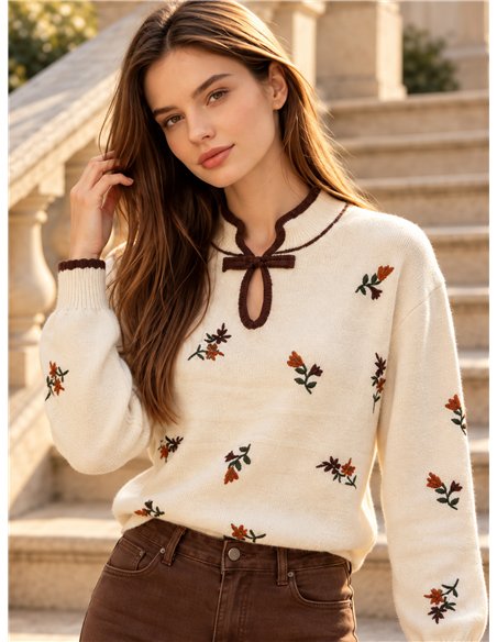 Pull brodé de fleurs avec nœud