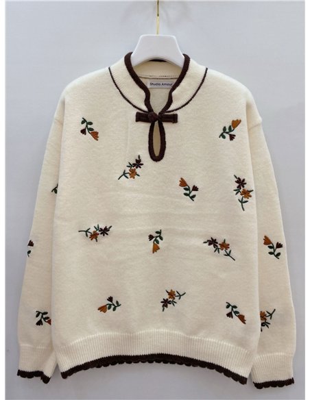 Pull brodé de fleurs avec nœud
