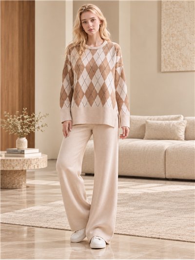 Conjunto de suéter e calça com estampa de diamantes